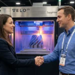 Feria de tecnología 3D con exhibición de impresoras industriales y soluciones de manufactura aditiva