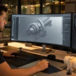Software de modelado 3D 2026 - diseñador industrial trabajando en estación profesional con herramientas CAD y renders holográficos