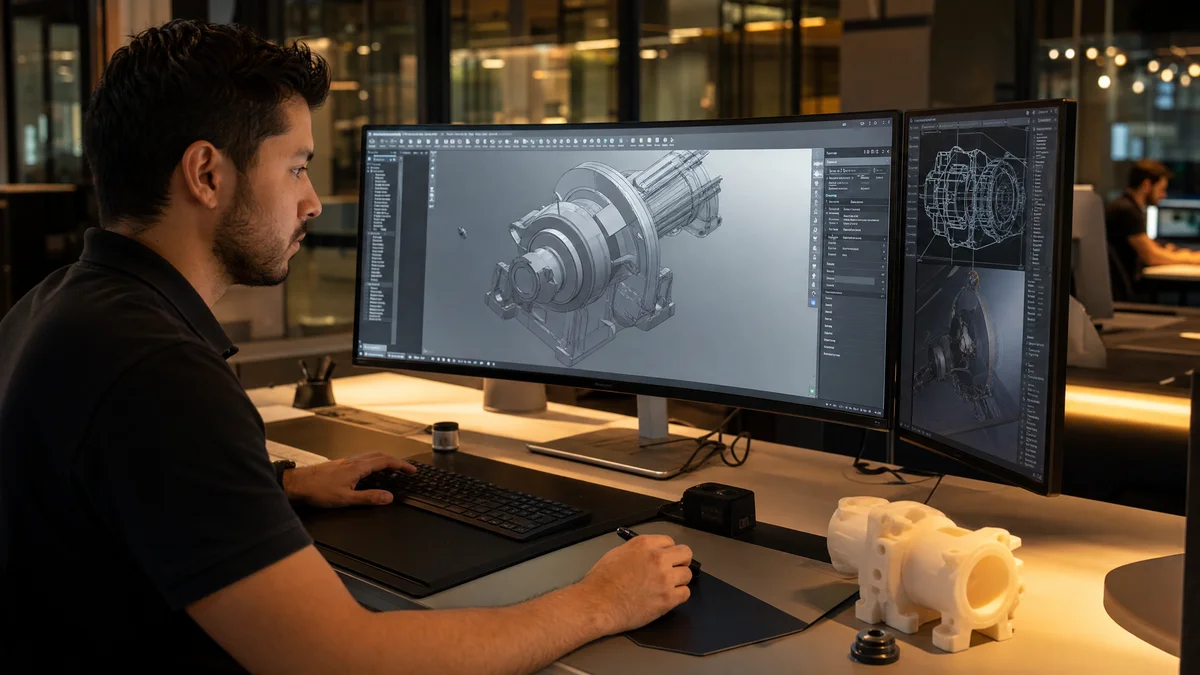 Software de modelado 3D 2026 - diseñador industrial trabajando en estación profesional con herramientas CAD y renders holográficos